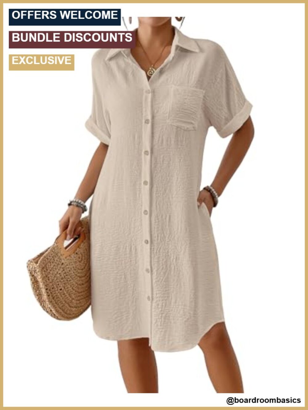 Women's Knee Length Button Down Swim Coverup Beach Shirt Dress with Pockets